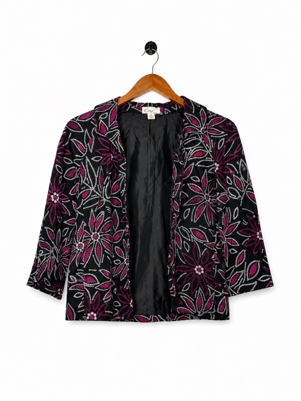 Kim Rogers Petite Linen Floral Jacket PM Black Pink 3/4 Sleeve